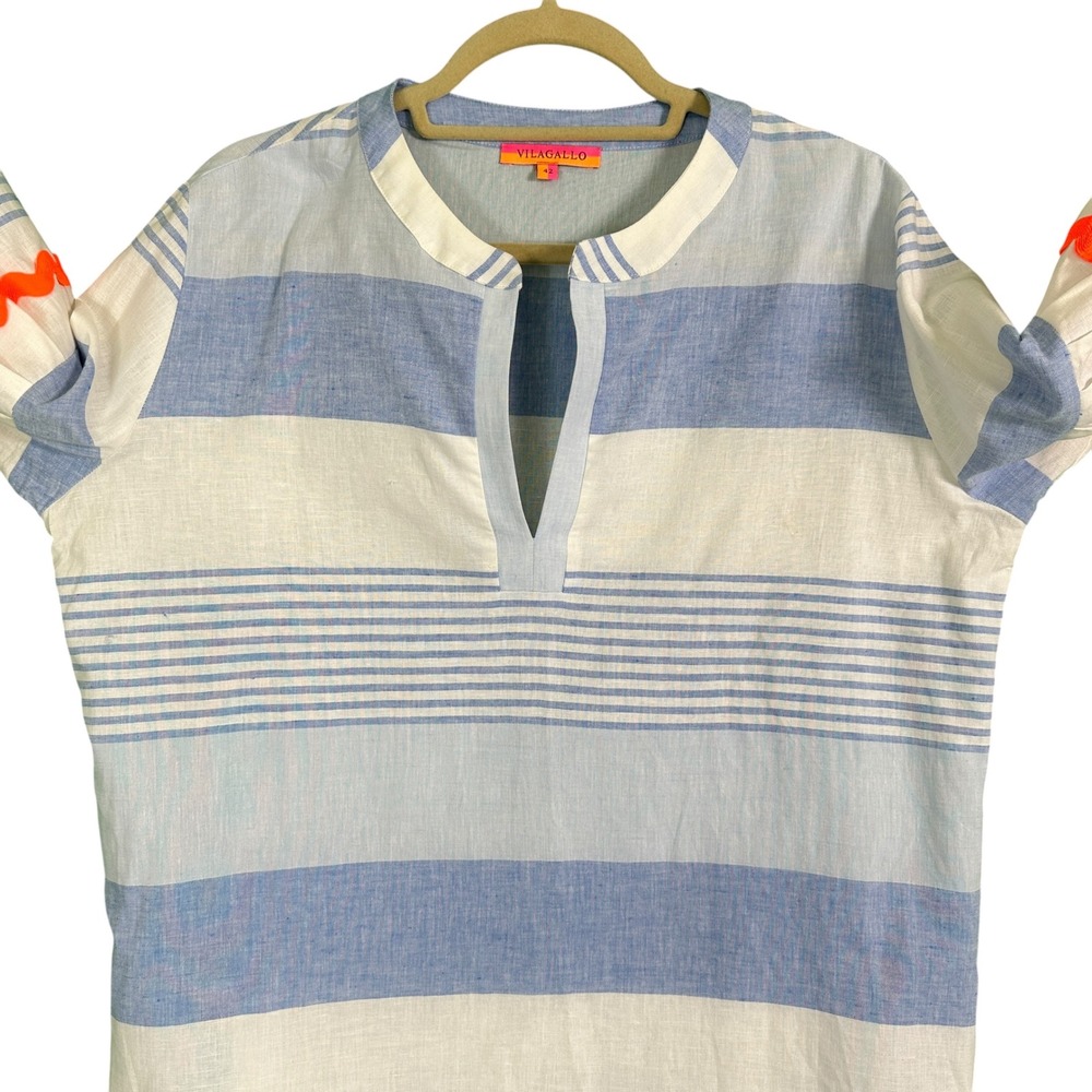 Vilagallo Tunic Dress 42 10 Blue White Stripe Linen Blend Pockets Resort Coastal - Picture 10 of 14